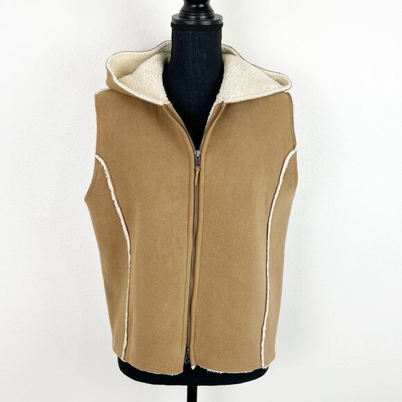 LRL Lauren Ralph Lauren Hooded Vest Sherpa Fleece Full Zip Tan Cream Large - Picture 2 of 9